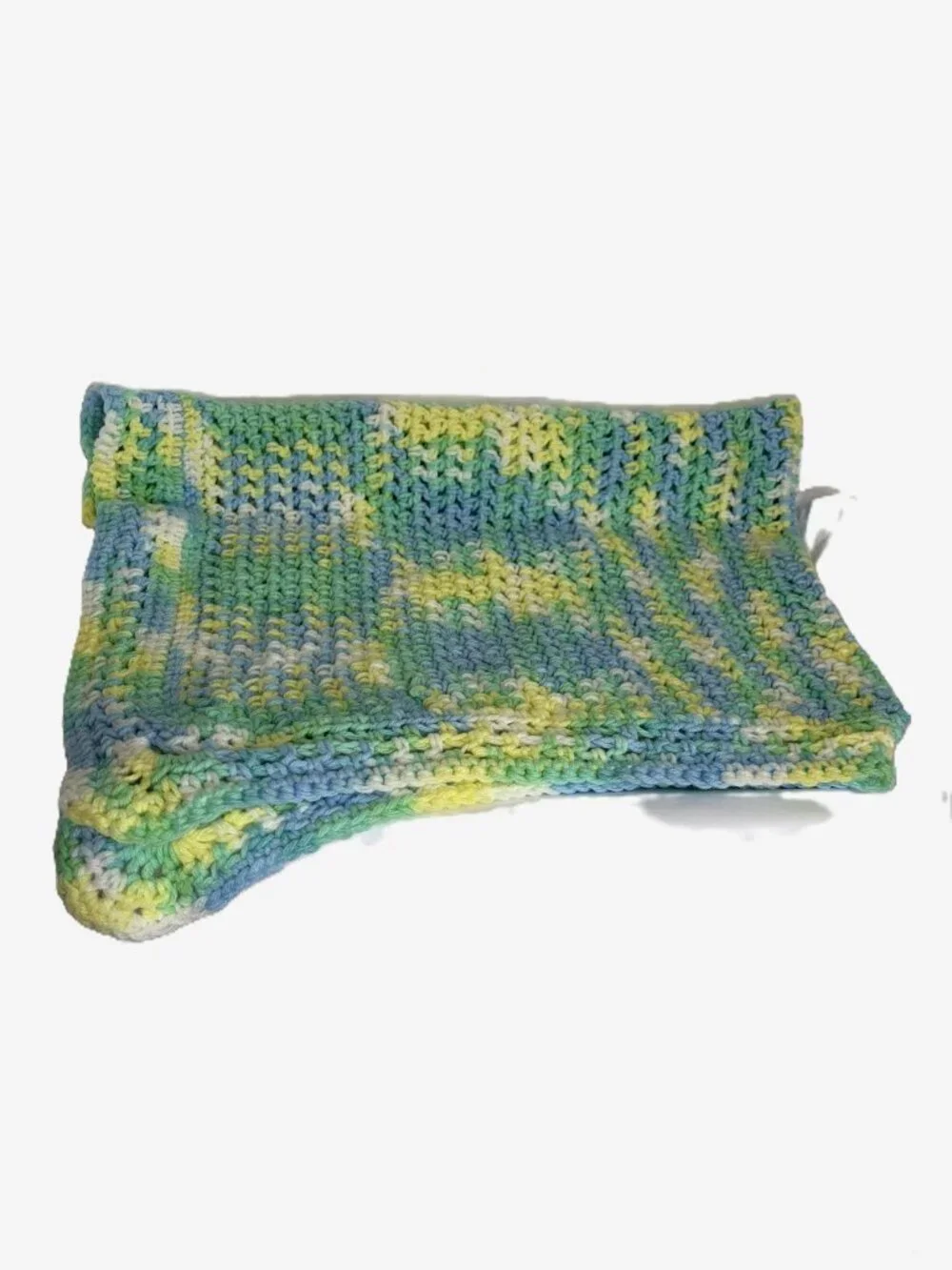 Handmade Crochet Baby Blanket Blue Green Yellow White Grandmacore Nursery Throw